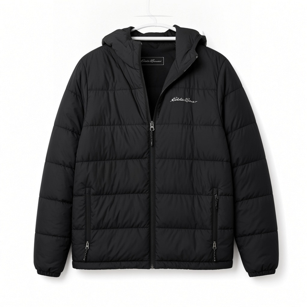 Eddie Bauer Black Puffer Jacket Hooded Zip Front